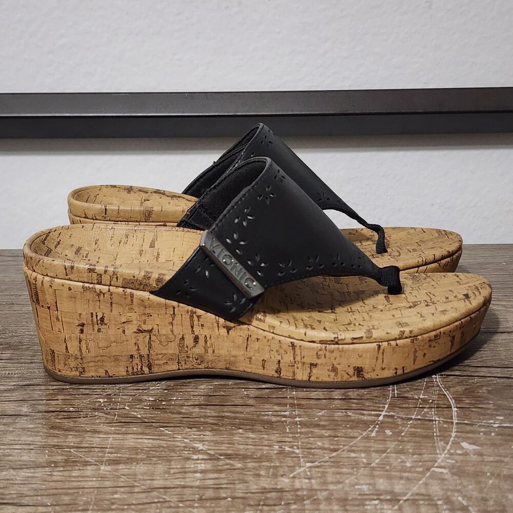 Vionic Anitra Women's Wedge Platform Cork Leather Sandals Shoes Size 7 Black - Picture 3 of 9